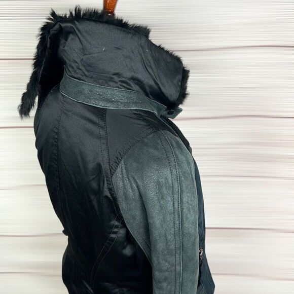 Armani Exchange Charcoal Leather Suede Moto Bomber Jacket Fur Collar Satin Back - Picture 5 of 15